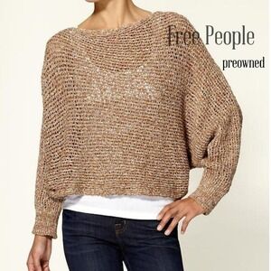 Free People Open-Knit Off-the-Shoulder Sweater in Tan-Brown